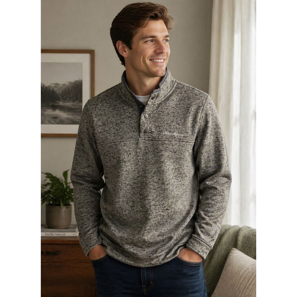 Eddie Bauer Men Sz M Gray Radiator Fleece Quarter Snap Pullover Casual Outdoor U